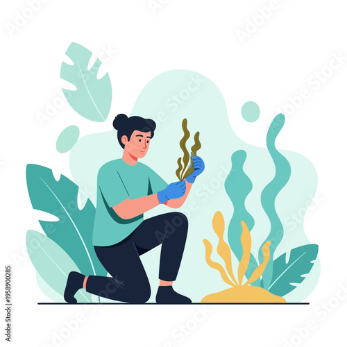 Botanical Researcher Examining Delicate Seaweed Specimen With Care