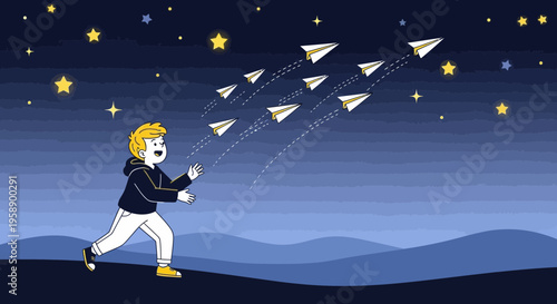 Boy Launches Paper Airplanes Into Starry Night Sky