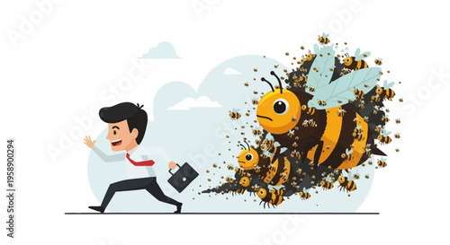 Business Employee Fleeing Swarm Of Angry Bees