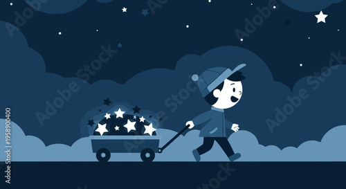 Boy Pulling Cart Full Of Stars Under Night Sky