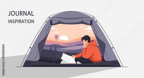 Boy Reading In Tent With Sunset Hot Air Balloon Adventure View