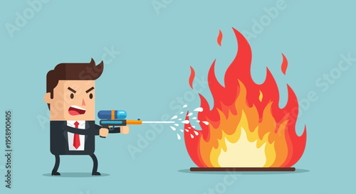 Business Man Dousing Fire With Water Gun