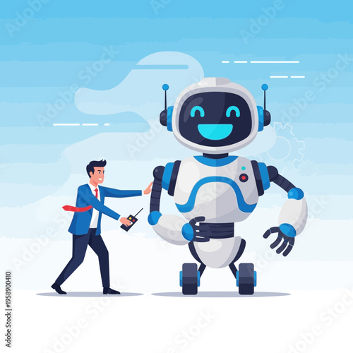 Business Man Controls Advanced AI Robot Companion For Futuristic Collaboration