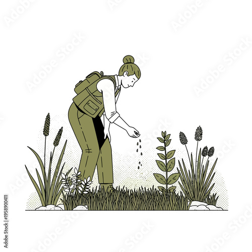 Botanist Planting Seeds In Lush Green Field