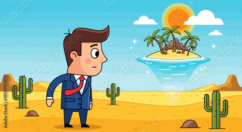 Business Man Gazing At Distant Island Paradise From Arid Desert