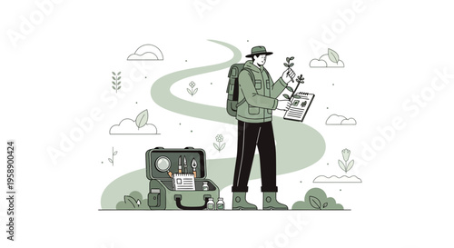 Botanist Researching Flora With Field Kit And Backpack