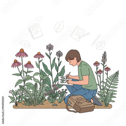 Botanist Sketching Wild Flowers With Field Notes And Backpack In Garden
