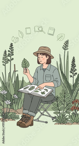 Botanist Studying Flora In A Lush Garden Nature Exploration And Learning Illustration