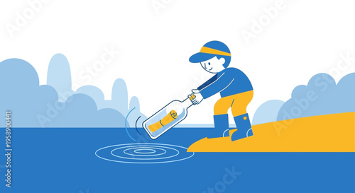 Boy Releasing Message In A Bottle Into The Ocean A Symbol Of Hope And Adventure