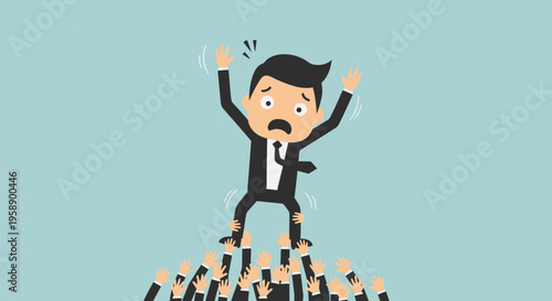 Business Man Lifted High By Many Hands With Anxious Expression