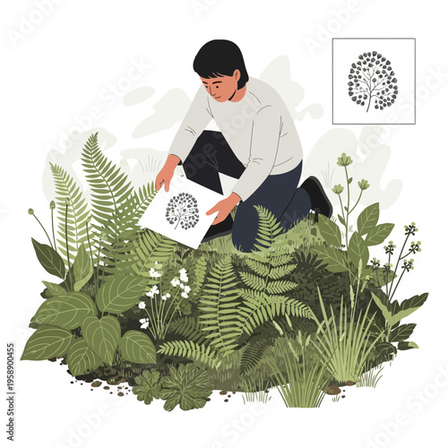 Botanist Studying Leafy Flora Discovering Natural Patterns In Lush Garden Landscape