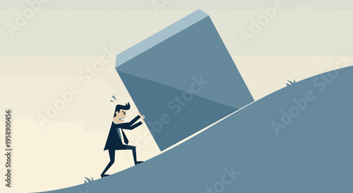 Business Man Pushing A Boulder Up A Steep Hill Struggle And Perseverance