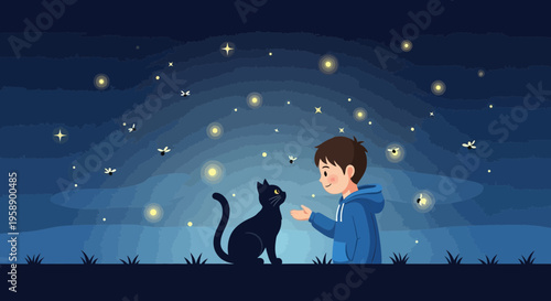 Boy And Black Cat Enchanted Night With Fireflies And Stars