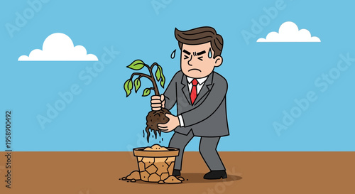 Business Man Struggling With Dying Plant Symbolizing Difficulty