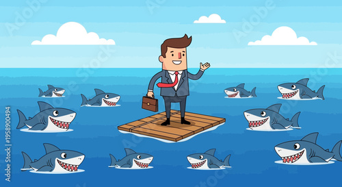 Business Man Surrounded By Sharks On A Raft Illustration