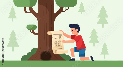 Boy Studying Treasure Map Under Large Tree Adventure Discovery