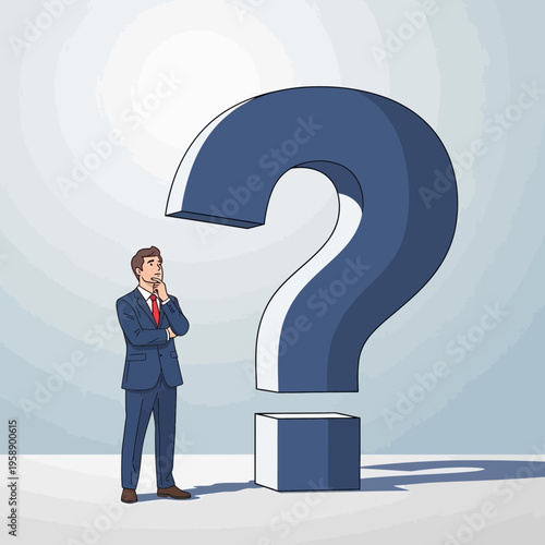Business Professional Pondering Gigantic Question Mark Symbol of Uncertainty And Decision Making