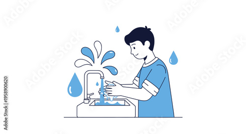 Boy Washes Hands Under Running Water From A Faucet At A Sink