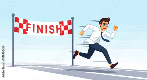 Business Professional Sprinting Towards Finish Line Exhausted but Determined Competition