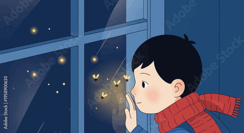 Boy Watching Fireflies Through Window On A Starry Night