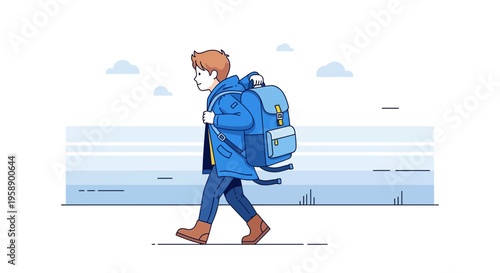 Boy With Backpack Embarks On Winter Journey