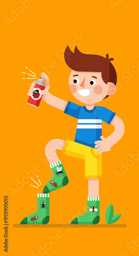 Boy With Bug Spray Combating Insects On His Green Ladybug Socks