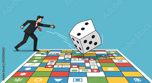 Business Strategy Concept With Businessman Rolling Dice on Game Board