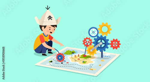 Boy With Pirate Hat Engaged In A Treasure Map Adventure With Gears