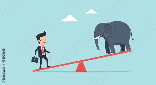 Business Versus Elephant On See Saw Symbolizing Imbalance And Challenges