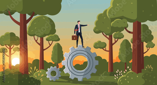 Business Visionary Standing On Gear Amongst Verdant Forest Sunrise