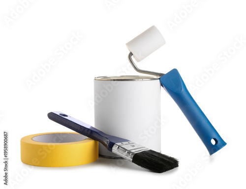 Roller with can of paint, b...