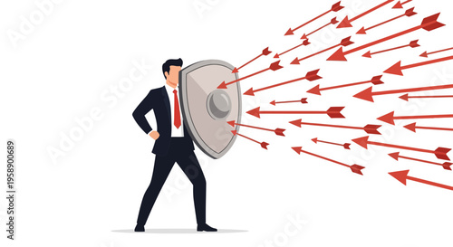 Businessperson Defending Against Incoming Arrows On White Background