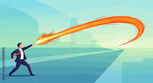 Businessman Unleashes Fiery Power Blast In Dynamic Abstract Scene