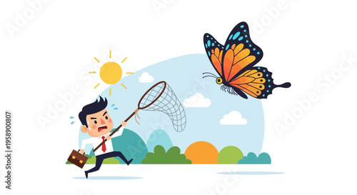 Businessman Chasing Elusive Butterfly With Net Under Bright Sun