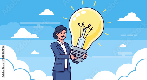 Bright Idea Concept With Businesswoman Holding Giant Lightbulb