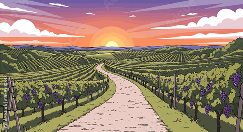 Breathtaking Vineyard Landscape At Golden Hour With Winding Path