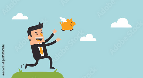 Businessman Chasing Flying Piggy Bank Investment Opportunity