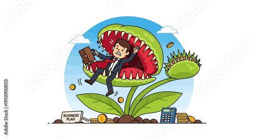 Businessman Caught In A Carnivorous Plant Representing Business Pitfalls