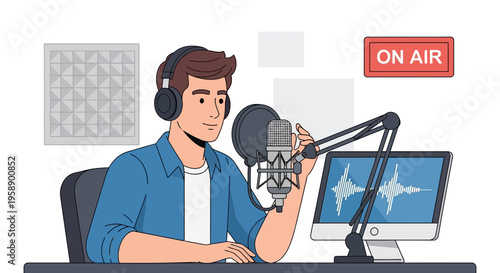 Broadcaster Speaking Into Microphone In Studio With On Air Sign