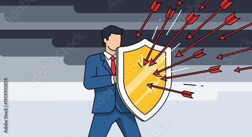 Businessman Defends Against Incoming Arrows With Shield