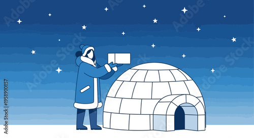 Building An Arctic Dwelling Under Starry Night Skies And Aurora Borealis