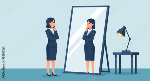 Businesswoman Ponders Reflection In Mirror Considering Career Choices