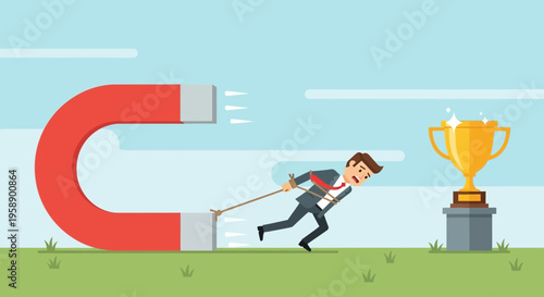 Businessman Drawn Towards Golden Trophy by Powerful Magnet