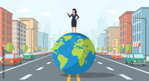 Businesswoman Standing Atop Globe on City Street Represents Global Success and Opportunity