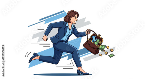 Businesswoman Rushing With Spilling Purse Showing Money and Cards