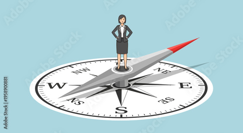 Businesswoman Standing Firmly On A Compass Deciding Directional Path