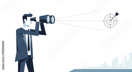 Businessman Gazing Through Binoculars Towards Distant Target With Arrow