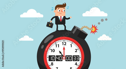 Businessman On Exploding Clock Represents Deadline Pressure And Urgency