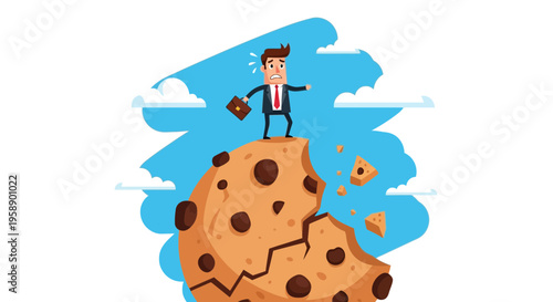 Businessman Precariously Perched On Crumbling Chocolate Chip Cookie