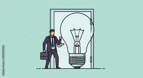 Businessman Opens Door To Giant Light Bulb Idea Symbolizing Innovation